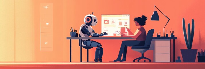 Fototapete - Collaborative project development between human and robot at a modern workspace during daylight. Generative AI