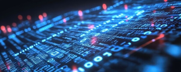 Abstract digital data background with interconnected binary code patterns, futuristic network structure, and glowing technology elements representing information flow and data analytics