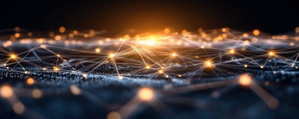 Abstract digital data background with interconnected binary code patterns, futuristic network structure, and glowing technology elements representing information flow and data analytics