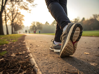 part of the feet that are jogging in the park in the evening