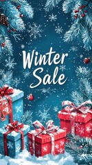 Wall Mural - Winter sale offering festive discounts amidst snowy decorations featuring colorful gift boxes and pine branches decorated with ornaments