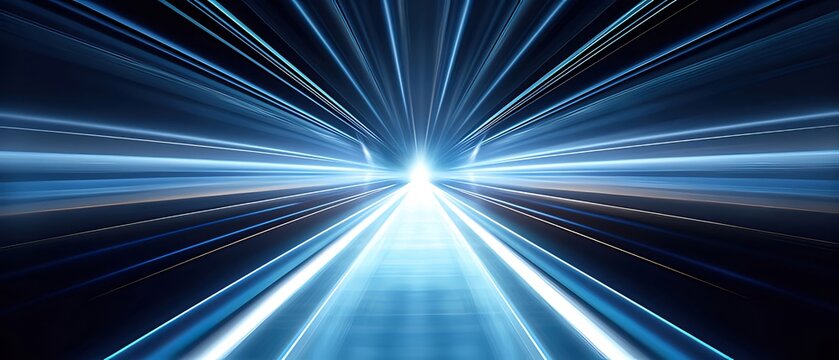 Abstract blue light streaks converging at vanishing point.