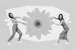 © deagreez - Composite collage image of two excited black white effect girls pull big sunflower isolated on drawing background