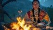 © dominic - Native American Woman Fireside Portrait Traditional Clothing, Braids, Jewelry