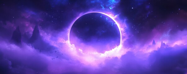Wall Mural - neon circle, glowing fog, atmospheric background, purple and blue colors, dreamlike scenery, mystica