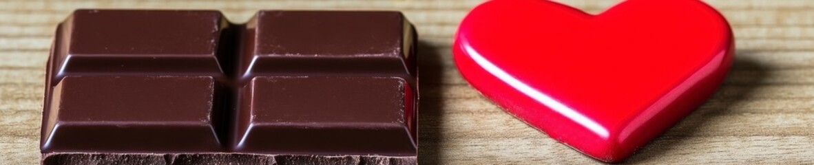 Wall Mural - A piece of dark chocolate next to a red heart symbol, suggesting love for sweets.