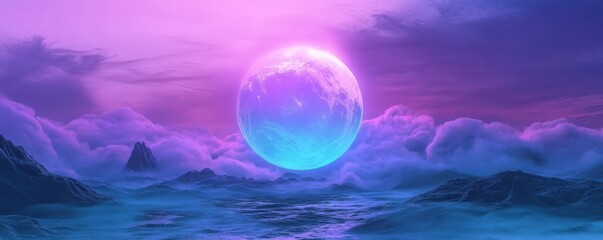 Wall Mural - neon circle, glowing fog, atmospheric background, purple and blue colors, dreamlike scenery, mystica