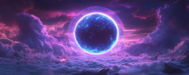 Wall Mural - neon circle, glowing fog, atmospheric background, purple and blue colors, dreamlike scenery, mystica