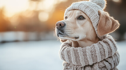 Wall Mural - Portrait of a dog in a winter hat