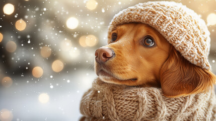 Wall Mural - Portrait of a dog in a winter hat