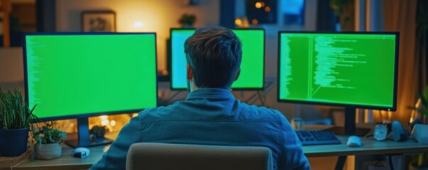 Developer at home debugging software on green screen PC, checking lines of code displayed on monitors. IT professional at home fixing coding problems on mockup computer