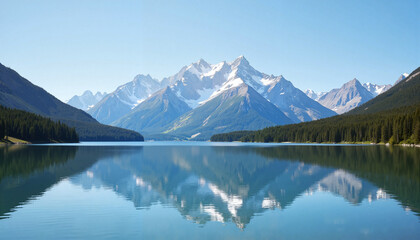  Mountain range reflected in a serene lake under blue skies
