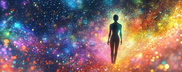 Wall Mural - digital human silhouette, glowing particles, abstract background, technology concept, neon colors, f