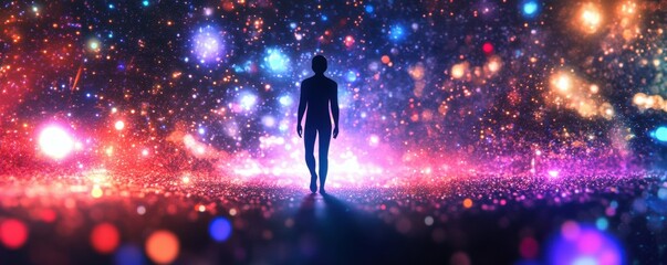 Wall Mural - digital human silhouette, glowing particles, abstract background, technology concept, neon colors, f