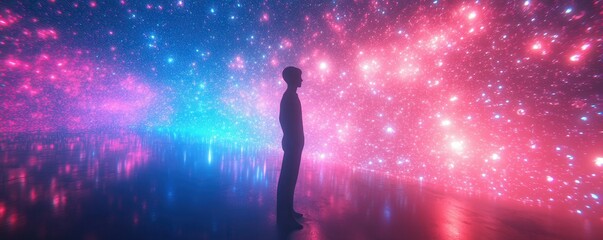 Wall Mural - digital human silhouette, glowing particles, abstract background, technology concept, neon colors, f