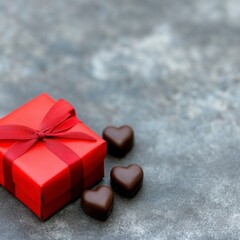 Wall Mural - A red gift box with a ribbon and chocolate heart candies on a textured surface.