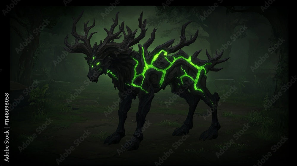 Fas Stock Glowing Green Spectral Stag in Dark Forest Stock Illustration | Adobe Stock