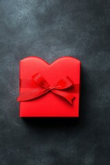 Wall Mural - A red heart-shaped gift box with a ribbon on a dark background.