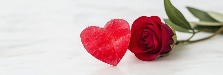 Wall Mural - A red heart-shaped object beside a single red rose on a marble surface.