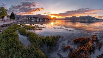 Canvas Print - Sunset over calm bay, reflecting golden light on water, coastal grass and seaweed.