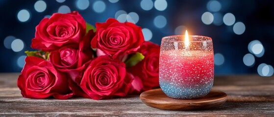 Wall Mural - A romantic scene with red roses and a lit candle against a blurred background.