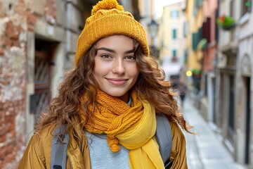 Young woman smiling in cozy winter attire while exploring a charming European street during the daytime