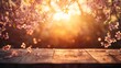 © Tam5 - Blooming Cherry Blossom Branches with Soft Sunset Light on Wooden Table Surface