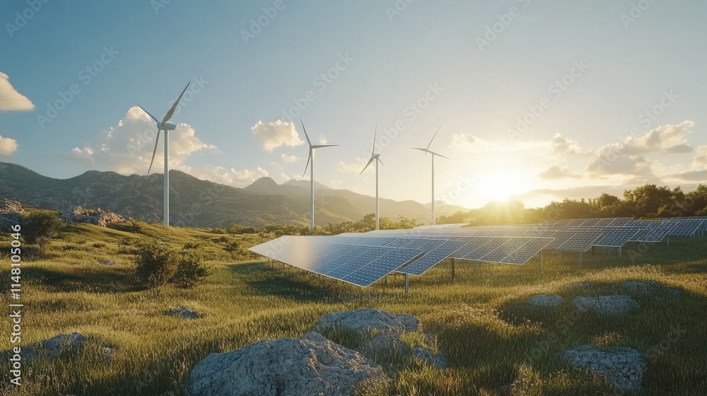 Wind turbines and solar panels farm in a field. Renewable green energy ...