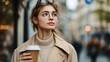 © Nuttaya Nampai - Young Woman in Stylish Outfit Holding Coffee on City Street