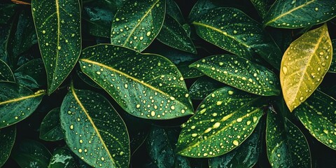 Wall Mural - Close up view of vibrant tropical leaves adorned with droplets of rain, showcasing the rich green foliage and the refreshing effect of the raindrops on the leaves.