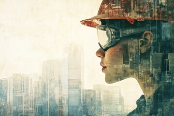 Aufkleber - Profile of a construction worker in a safety helmet and goggles with a city skyline background showcasing urban development. Generative AI