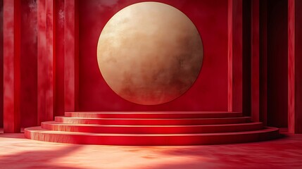 Wall Mural - Red room with circular platform and large beige circle on wall.