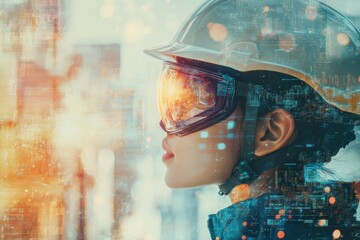 Aufkleber - Profile view of a person in safety helmet and goggles against abstract city background with copy space for text. Generative AI