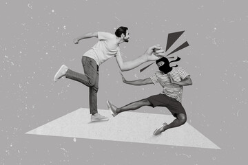 Wall Mural - Creative collage picture of two black white colors guys fighting jumping isolated on painted background