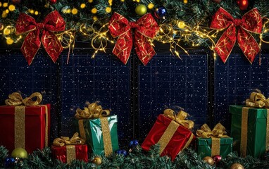 Wall Mural - Solar panels decorated with holiday ribbons and bows, surrounded by gifts on a festive black background