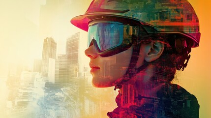 Leinwandbilder - Profile of a worker with safety helmet and goggles in an abstract city environment showcasing a blend of construction and technology. Generative AI