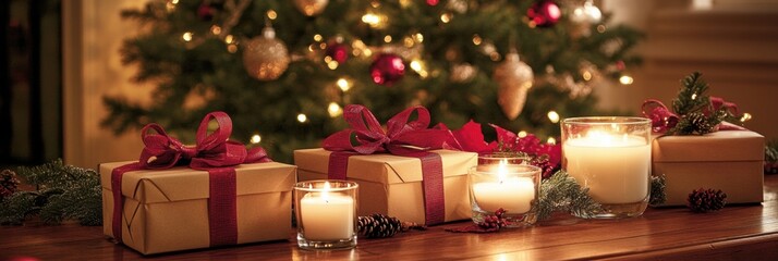 Aufkleber - Gift boxes and candles beautifully arranged near a decorated Christmas tree during the festive holiday season. Generative AI