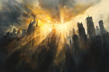 Wall Mural - a painting of a cityscape with a bright sun shining through the clouds