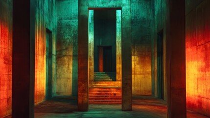 Wall Mural - a room with a doorway and a staircase. the doorway is red and the staircase is yellow. the room is e
