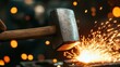© Omias - Traditional Blacksmith Forge Concept, Powerful Hammer Swinging to Strike Heated Steel, Sparks Flying in Bright Workshop Environment