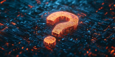 Creative abstract hologram of a question mark on a modern computer background represents future technology concepts. This creative abstract design highlights innovation in future technology.