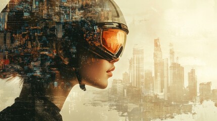 Leinwandbilder - Profile view of a person in safety helmet and goggles with abstract city background and ample space for text. Generative AI