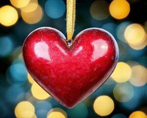 Wall Mural - A shiny red heart ornament hanging against a blurred, colorful background.