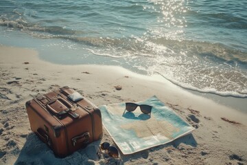 Poster - Enjoying a beach getaway with luggage, sunglasses, and a map for exploration and fun in the sun on a sunny day. Generative AI
