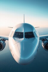 A close-up view of the front of a modern airplane flying above the clouds during sunset. The aircraft's nose and cockpit are prominently featured, showcasing sleek design and advanced technology.