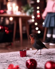 Wall Mural - A small bird stands on a cozy rug amidst festive decorations and soft lighting.