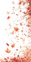 Wall Mural - A white background with a lot of red leaves falling from the trees. The leaves are scattered all over the background