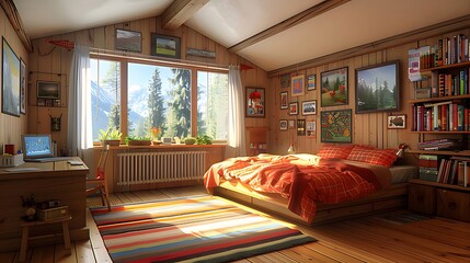 Wall Mural - Cozy attic bedroom with mountain view, wooden walls, bookshelves, and a large window.