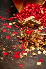 Wall Mural - A black background with gold and red glitter scattered all over it. The gold and red glitter is in various shapes and sizes, creating a visually interesting and dynamic scene