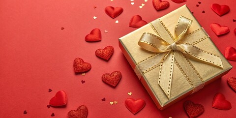 Valentine's day gold gifts. Banner design with present box and hearts on red background